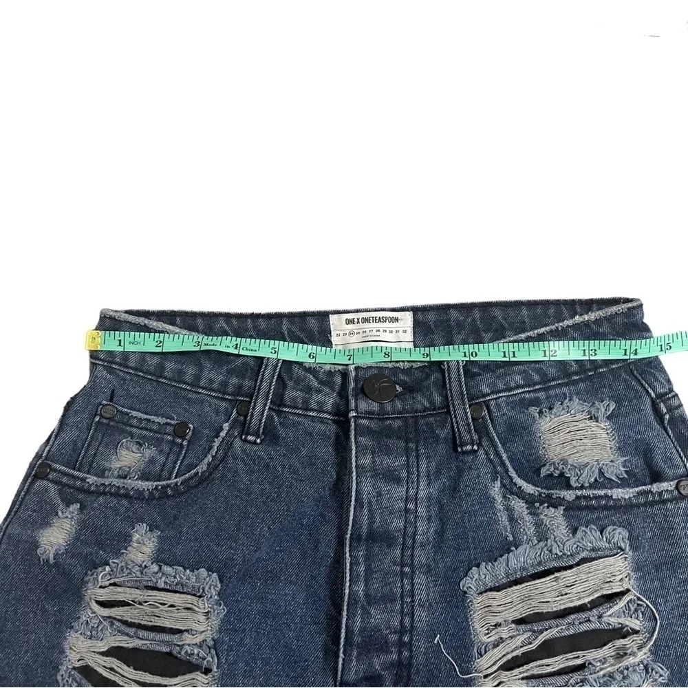 ONE Teaspoon High Waist Jean Cut Off Shorts in Blue Raw Hem Destroyed - Size 24
